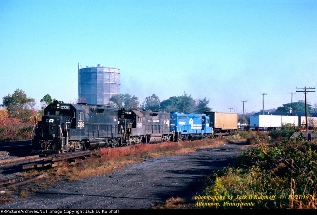 Conrail, CR GP35 2336 - GP38 7861 -GP30 2197, with BH-15, on the ex-Reading Line at  CP BURN, Allentown, Pennsylvania. October 21, 1978. 